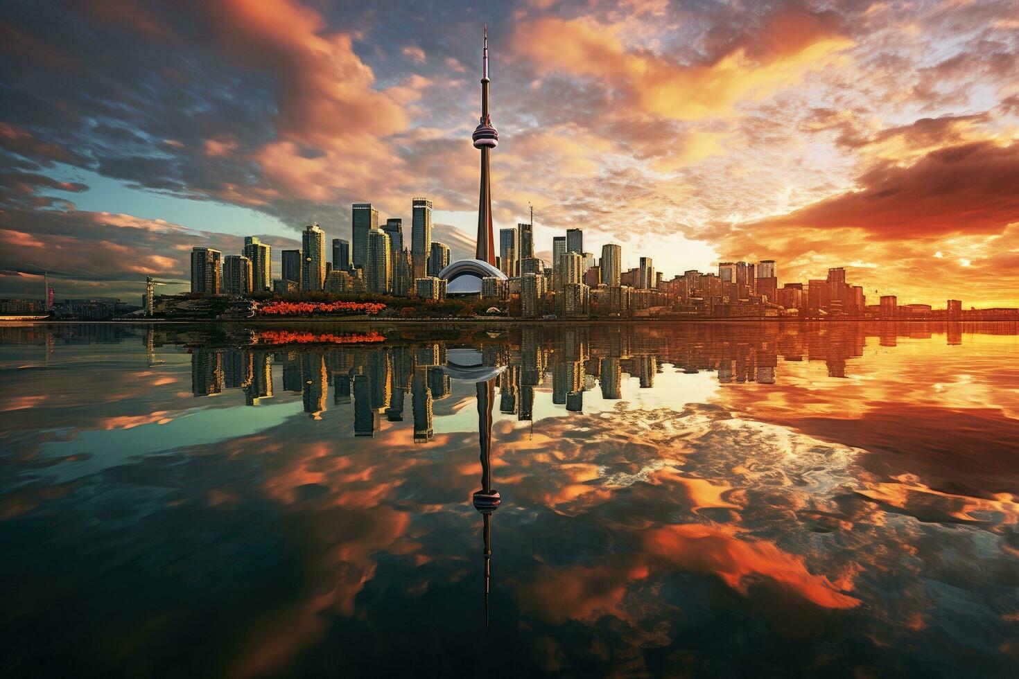 Xangai Horizonte às pôr do sol com reflexão dentro Huangpu rio, china, cn torre e Toronto Porto reflexão, ai gerado foto