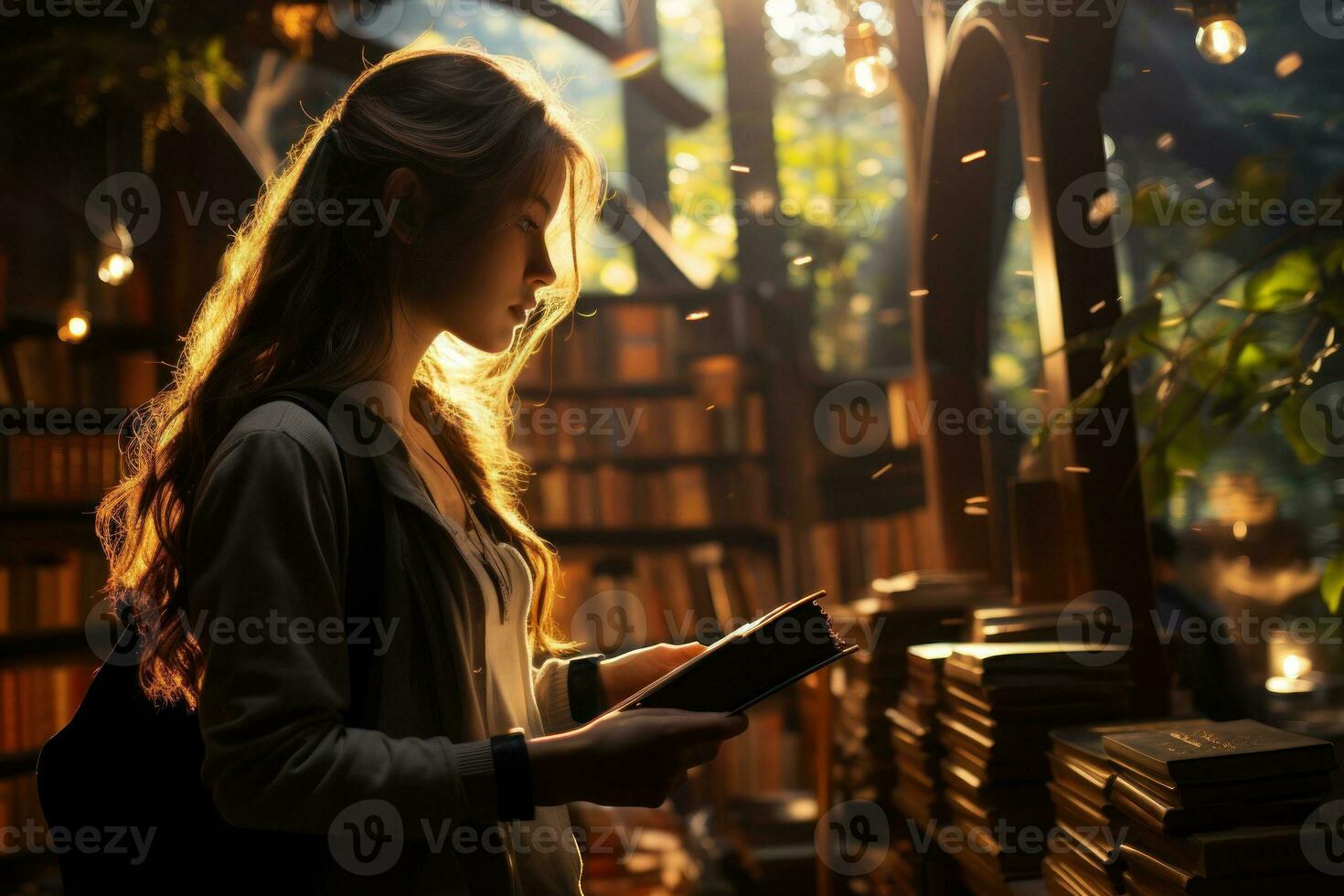 menina dentro a biblioteca do a escola descobrindo uma livro. generativo ai foto