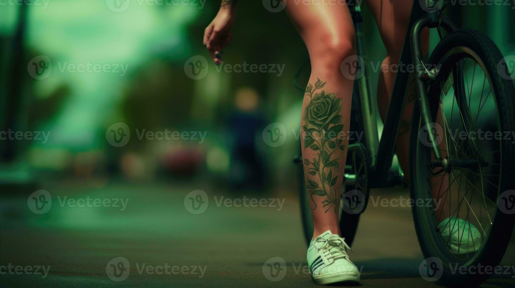 mulher com floral perna tatuagem equitação uma bicicleta dentro natureza ai gerado foto