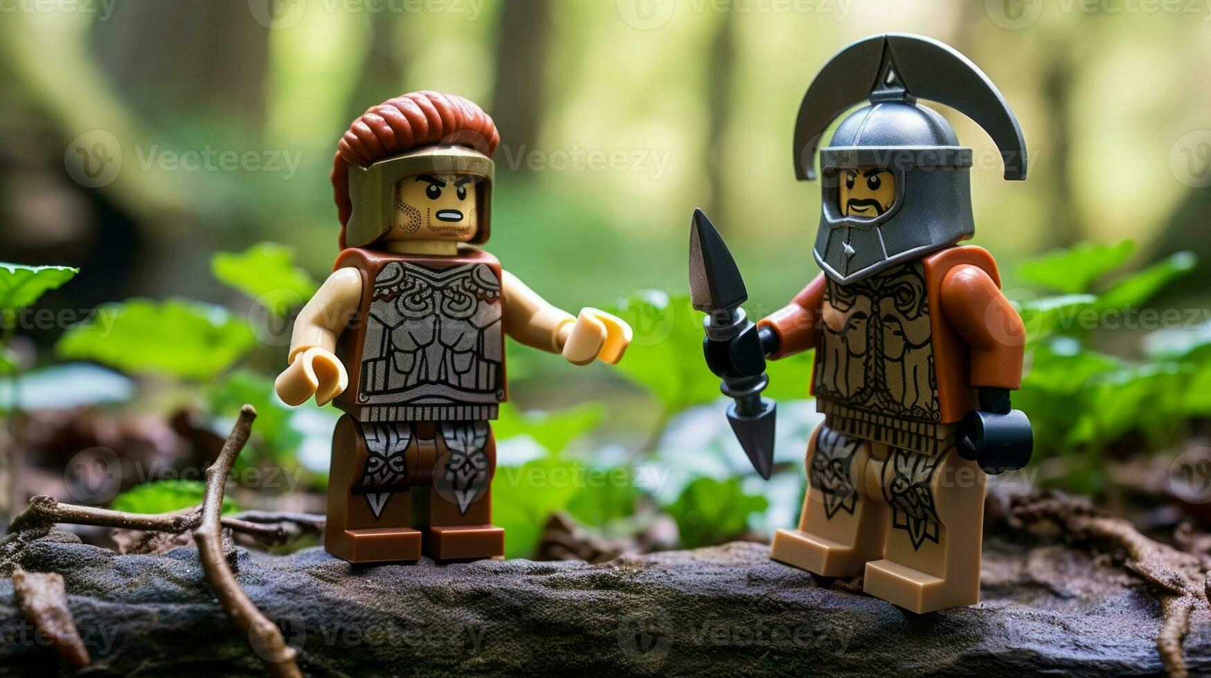 Lego guerreiros lutando dentro uma feroz épico duelo ai generativo foto