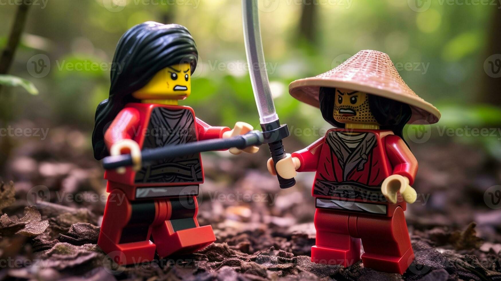 Lego guerreiros lutando dentro uma feroz épico duelo ai generativo foto