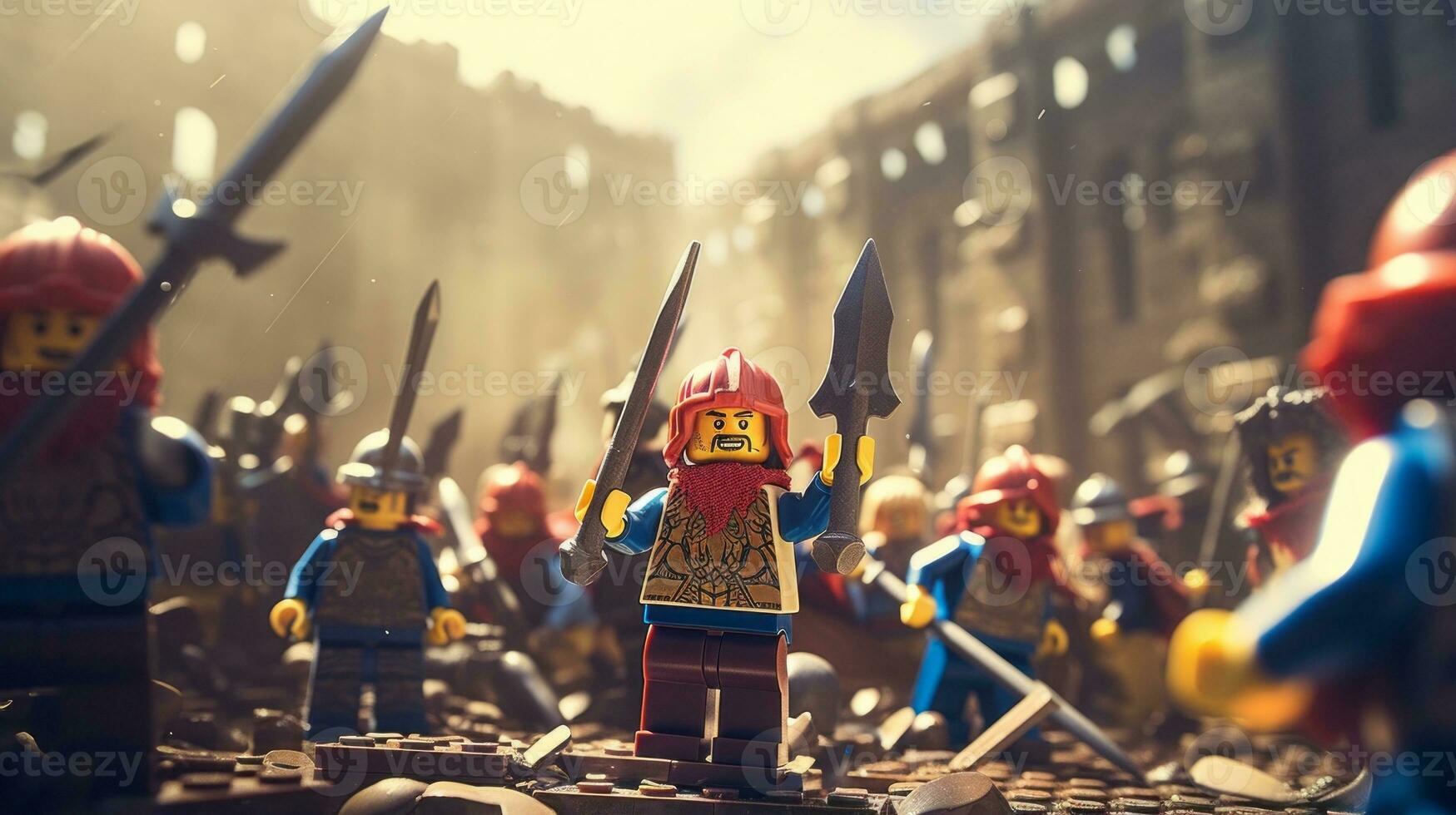 Lego guerreiros lutando dentro uma feroz épico duelo ai generativo foto