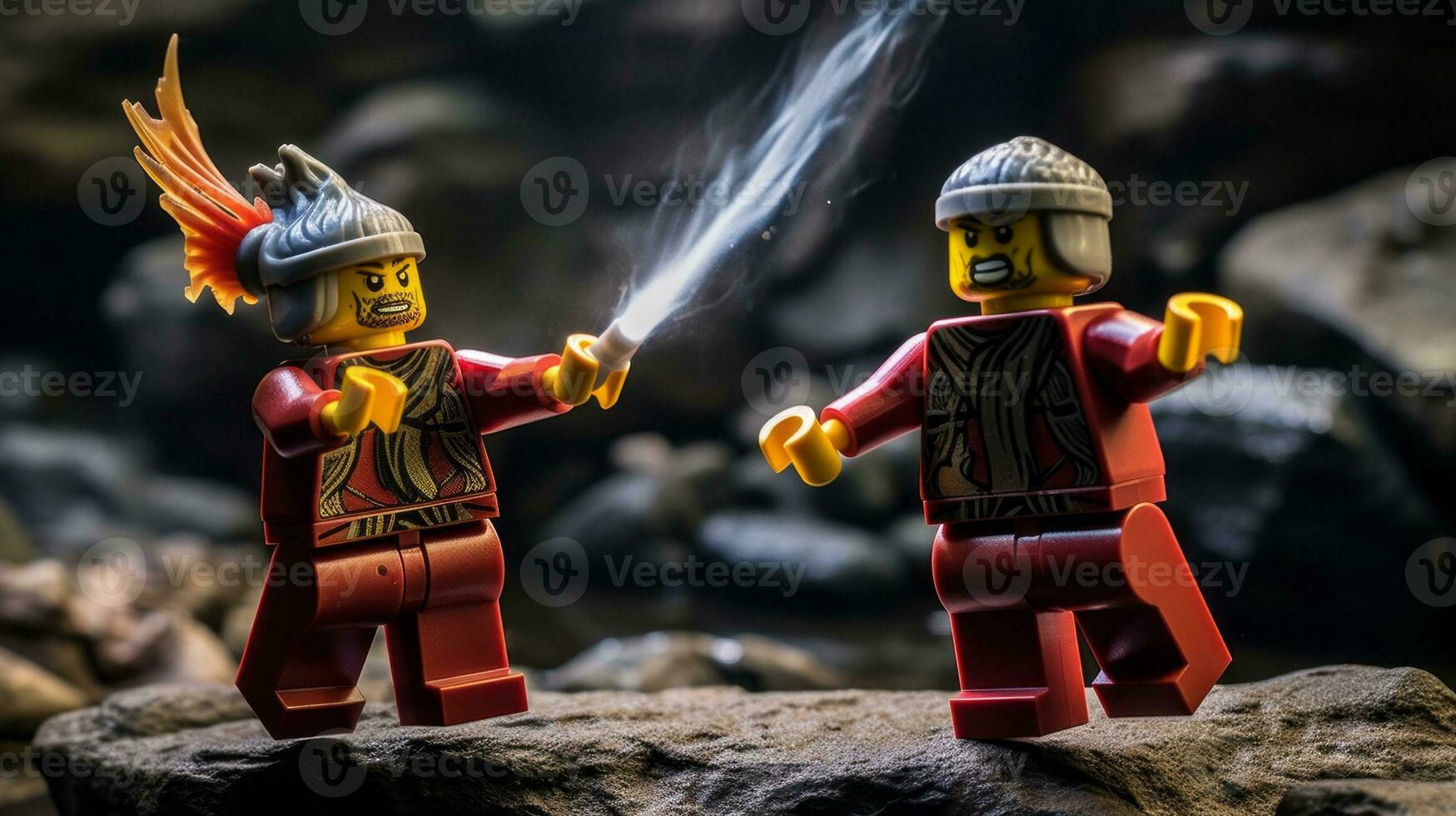 Lego guerreiros lutando dentro uma feroz épico duelo ai generativo foto