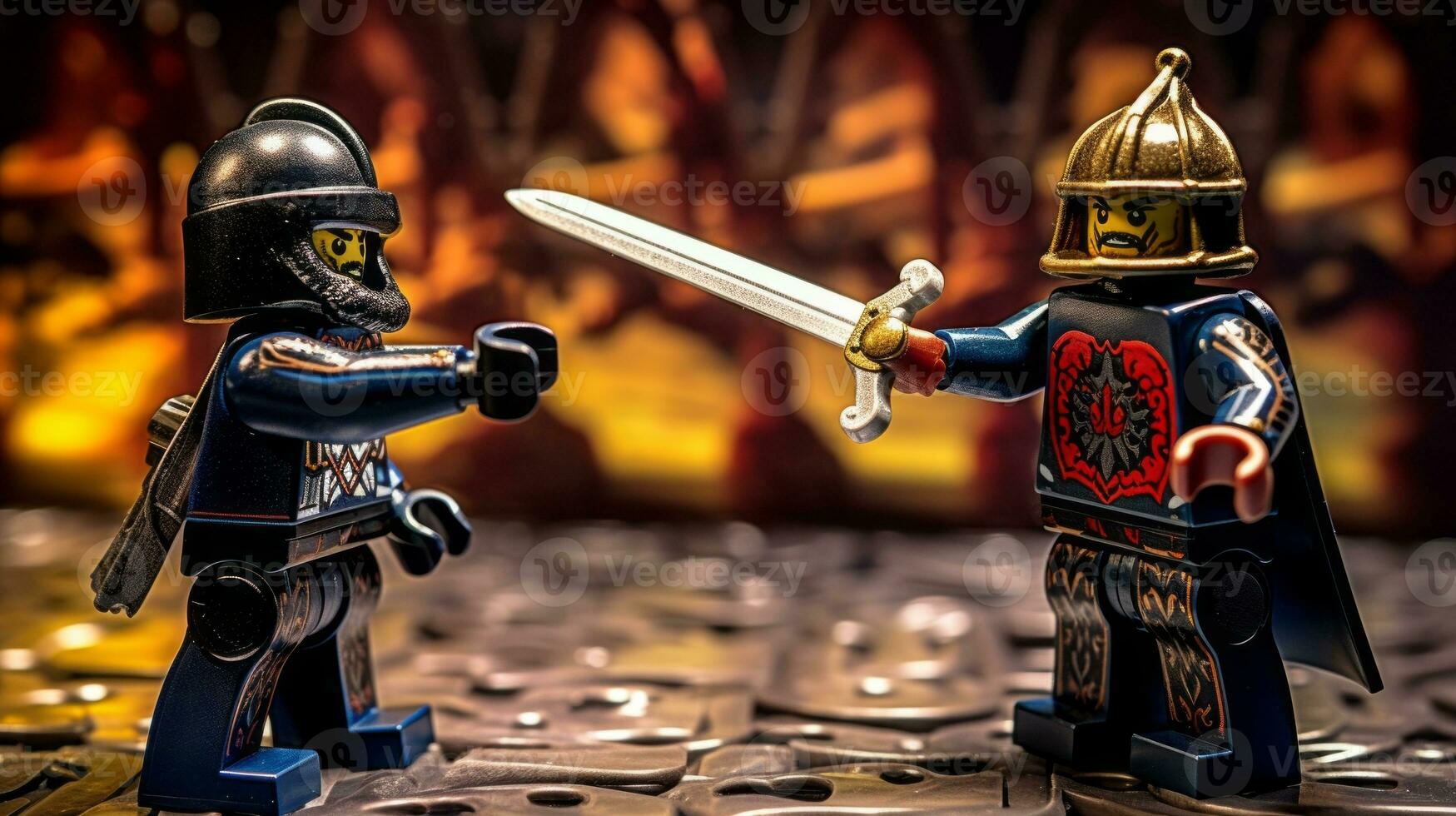 Lego guerreiros lutando dentro uma feroz épico duelo ai generativo foto