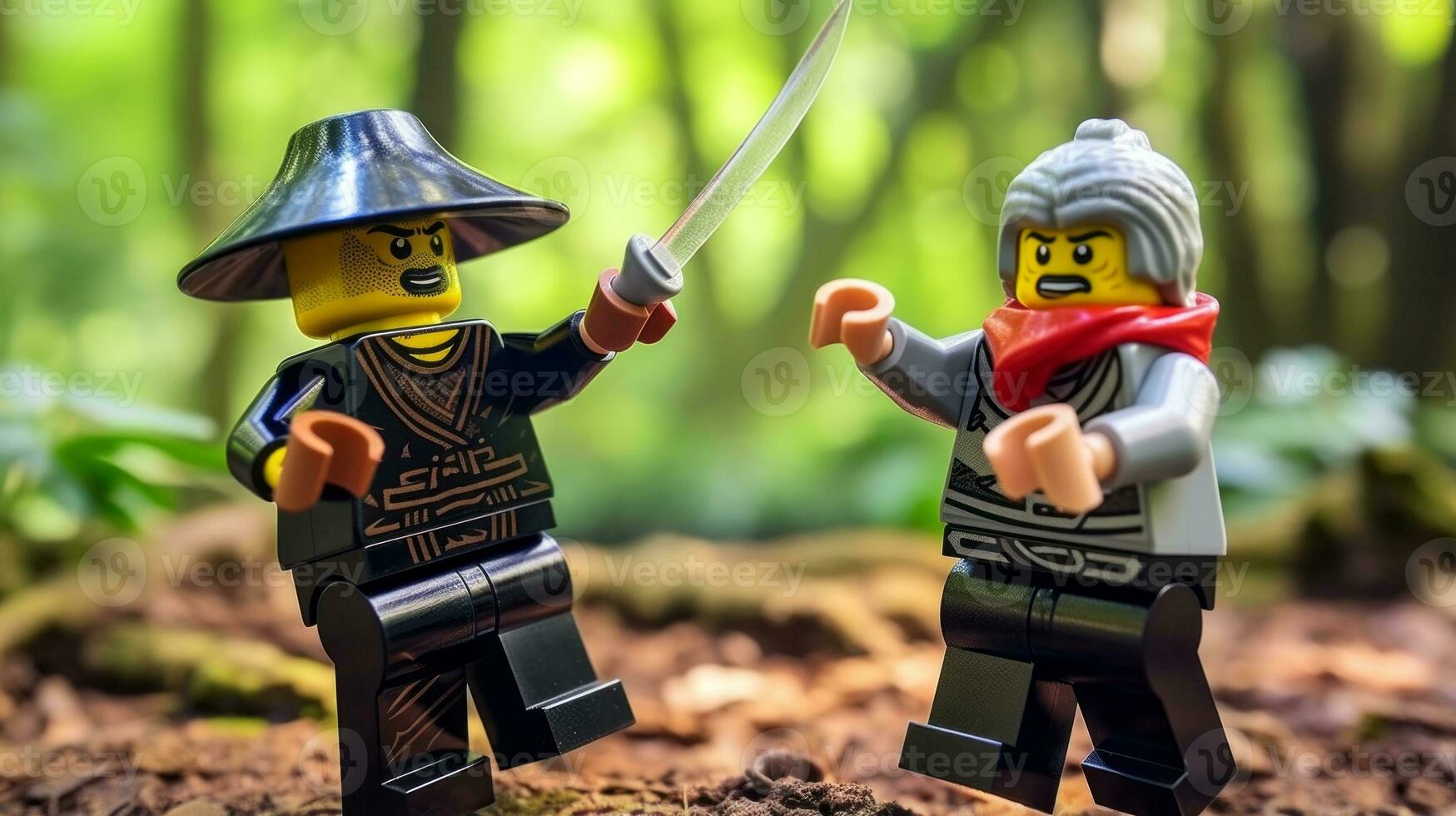 Lego guerreiros lutando dentro uma feroz épico duelo ai generativo foto