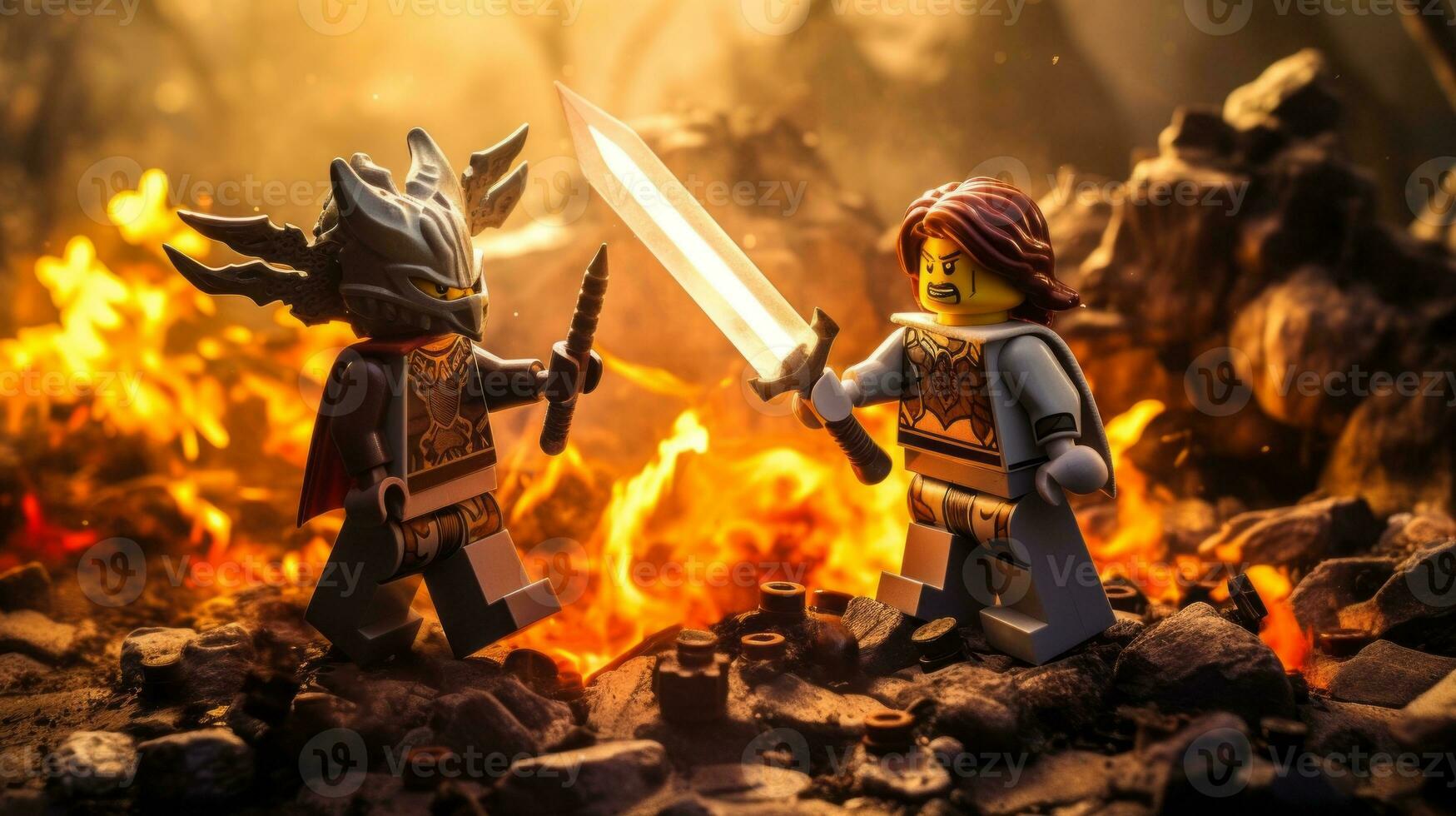 Lego guerreiros lutando dentro uma feroz épico duelo ai generativo foto