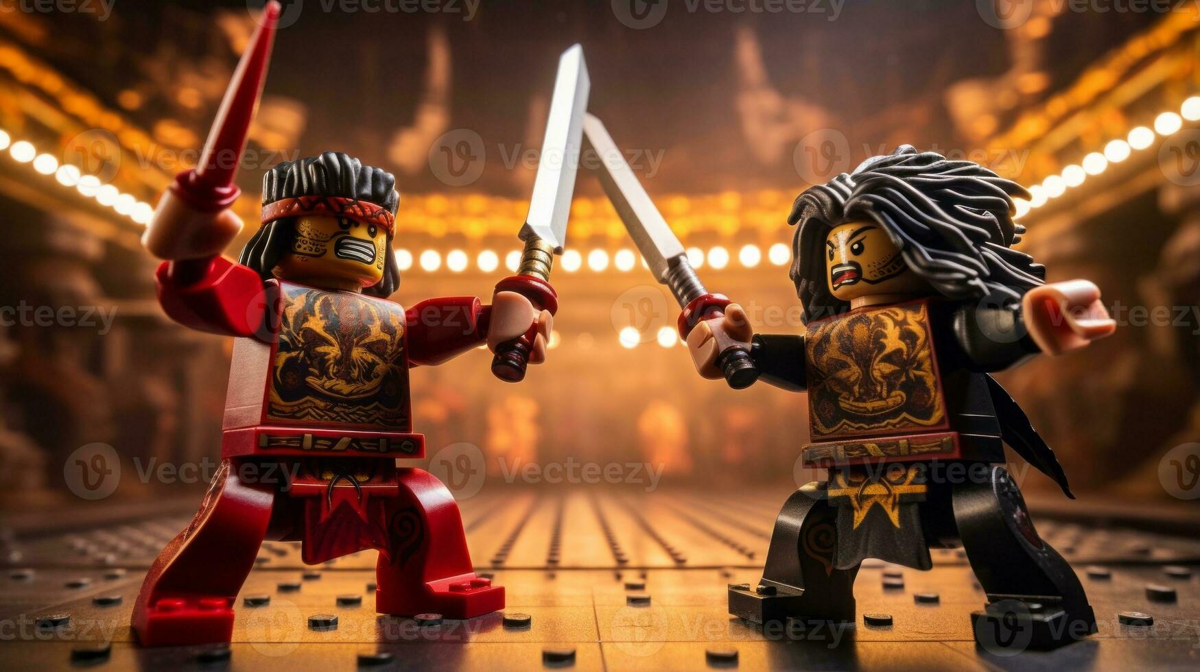 Lego guerreiros lutando dentro uma feroz épico duelo ai generativo foto