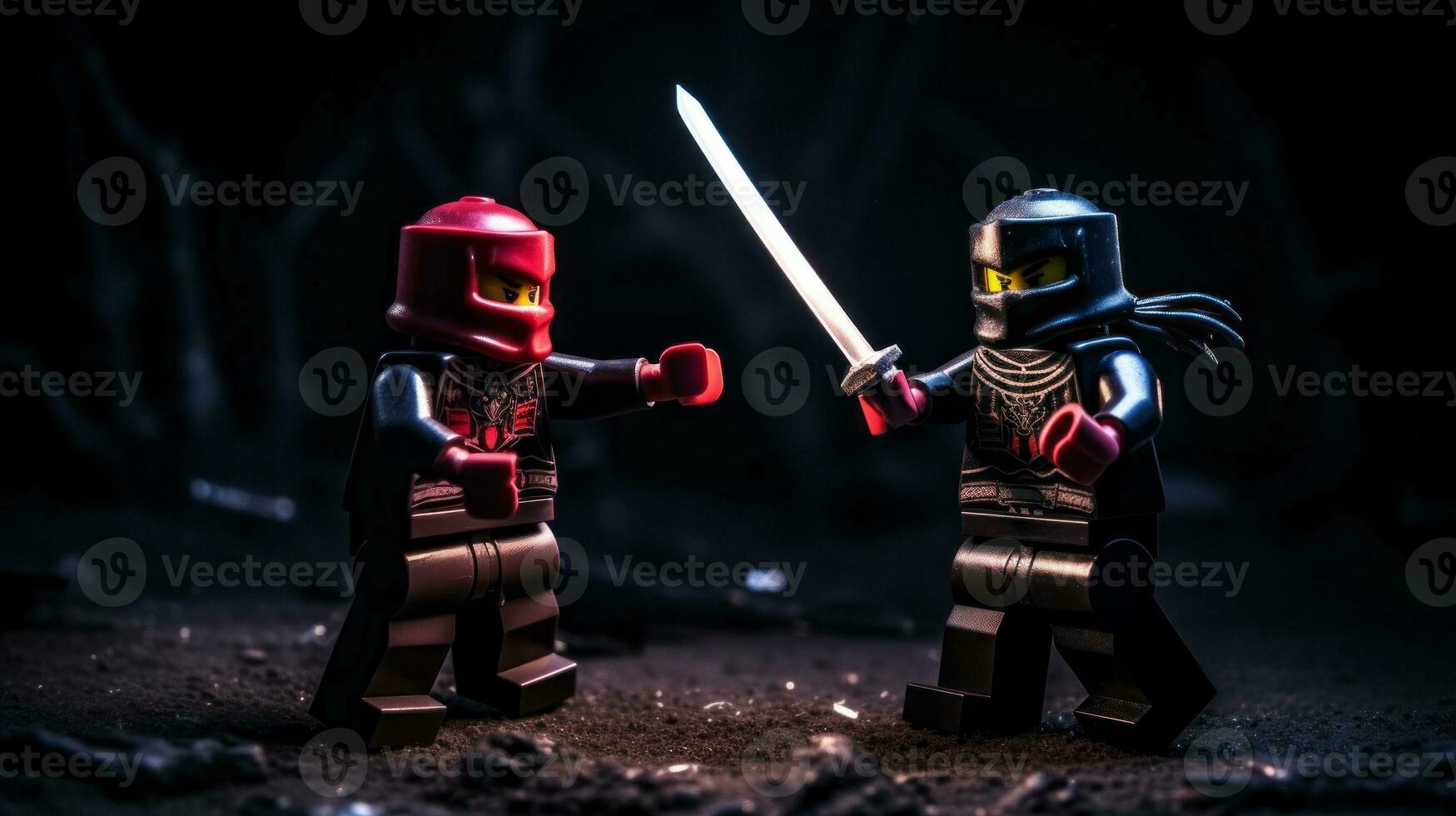 Lego guerreiros lutando dentro uma feroz épico duelo ai generativo foto