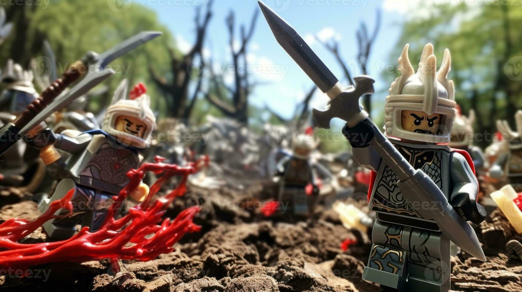 Lego guerreiros lutando dentro uma feroz épico duelo ai generativo foto