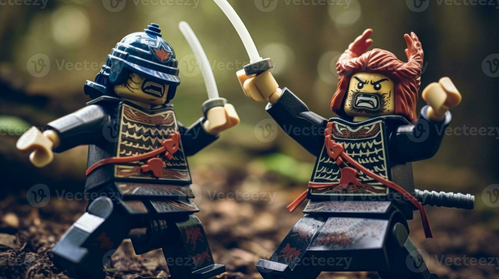 Lego guerreiros lutando dentro uma feroz épico duelo ai generativo foto