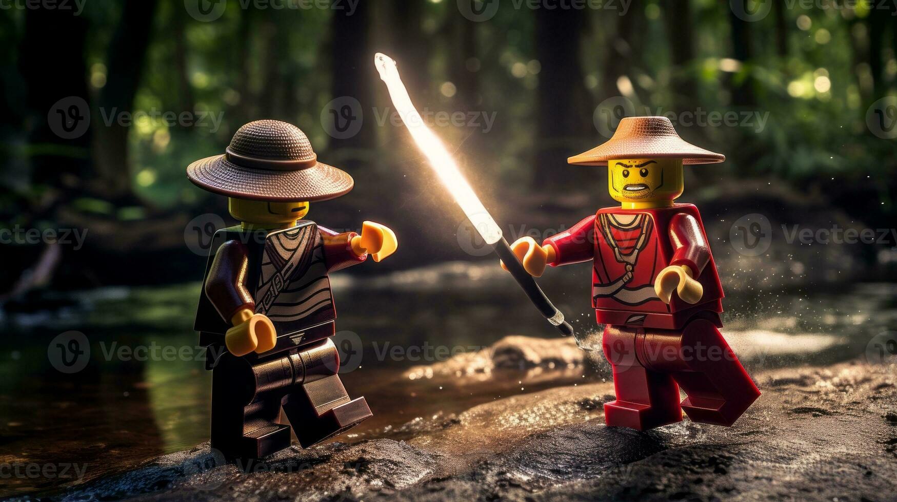 Lego guerreiros lutando dentro uma feroz épico duelo ai generativo foto