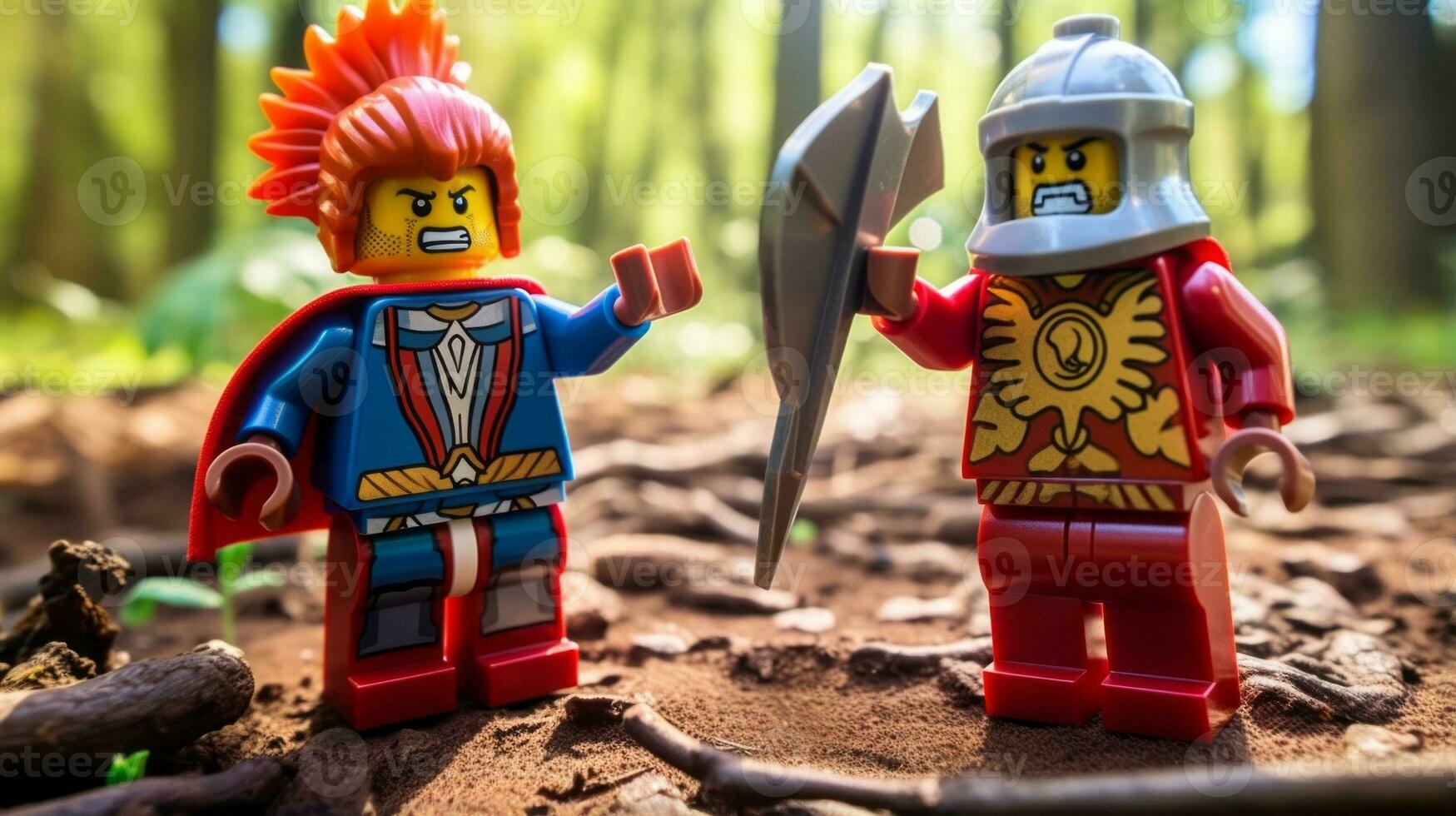 Lego guerreiros lutando dentro uma feroz épico duelo ai generativo foto