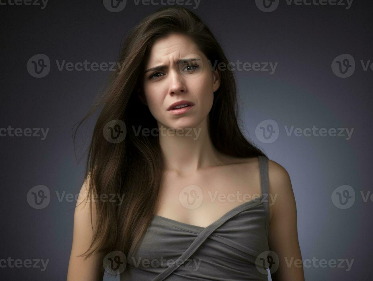 mulher parece para estar dentro dor em cinzento fundo ai generativo foto