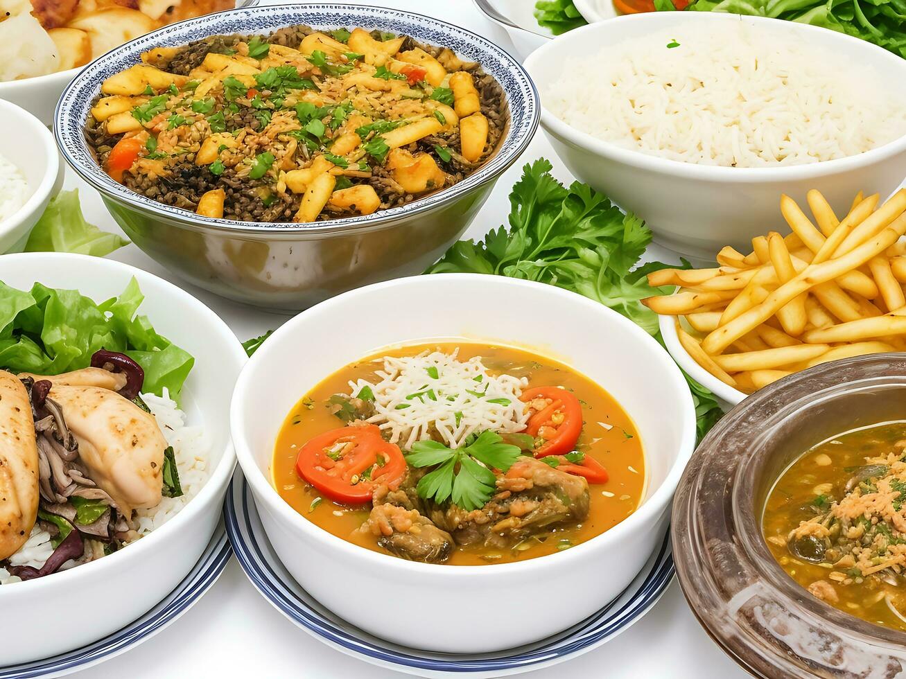 livre foto jantar conjunto com dolma sopas, saladas e frango com arroz e francês fritas generativo ai