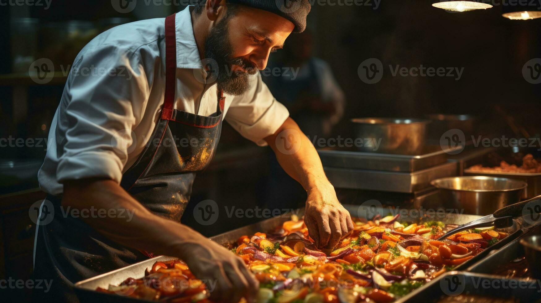 chefe de cozinha preparando lecho ensopado Comida dentro a cozinha do uma restaurante ou hotel. foto