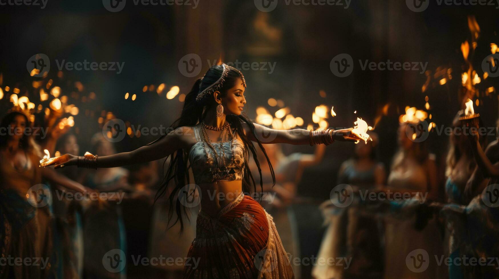 lindo jovem indiano mulher dentro tradicional traje com queimando tochas dentro dela mão foto