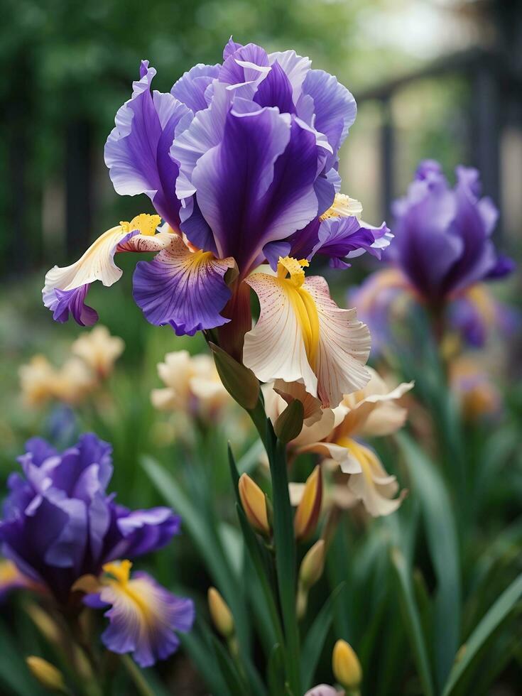lindo íris flor dentro a jardim generativo ai foto