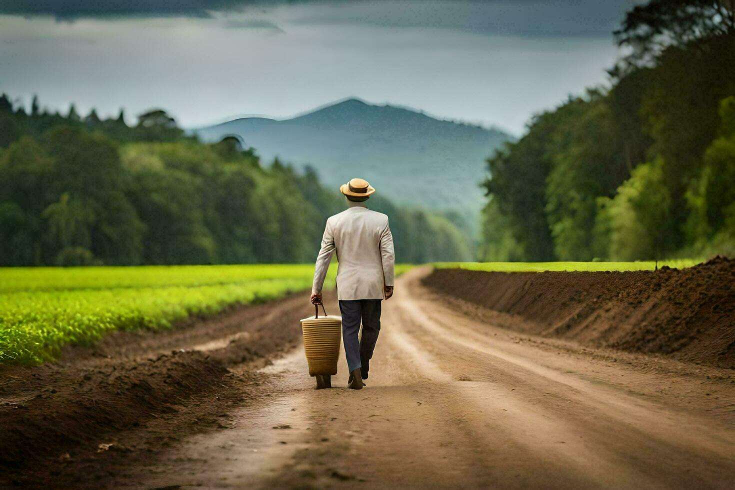 uma homem dentro uma chapéu anda em baixa uma sujeira estrada com uma mala. gerado por IA foto