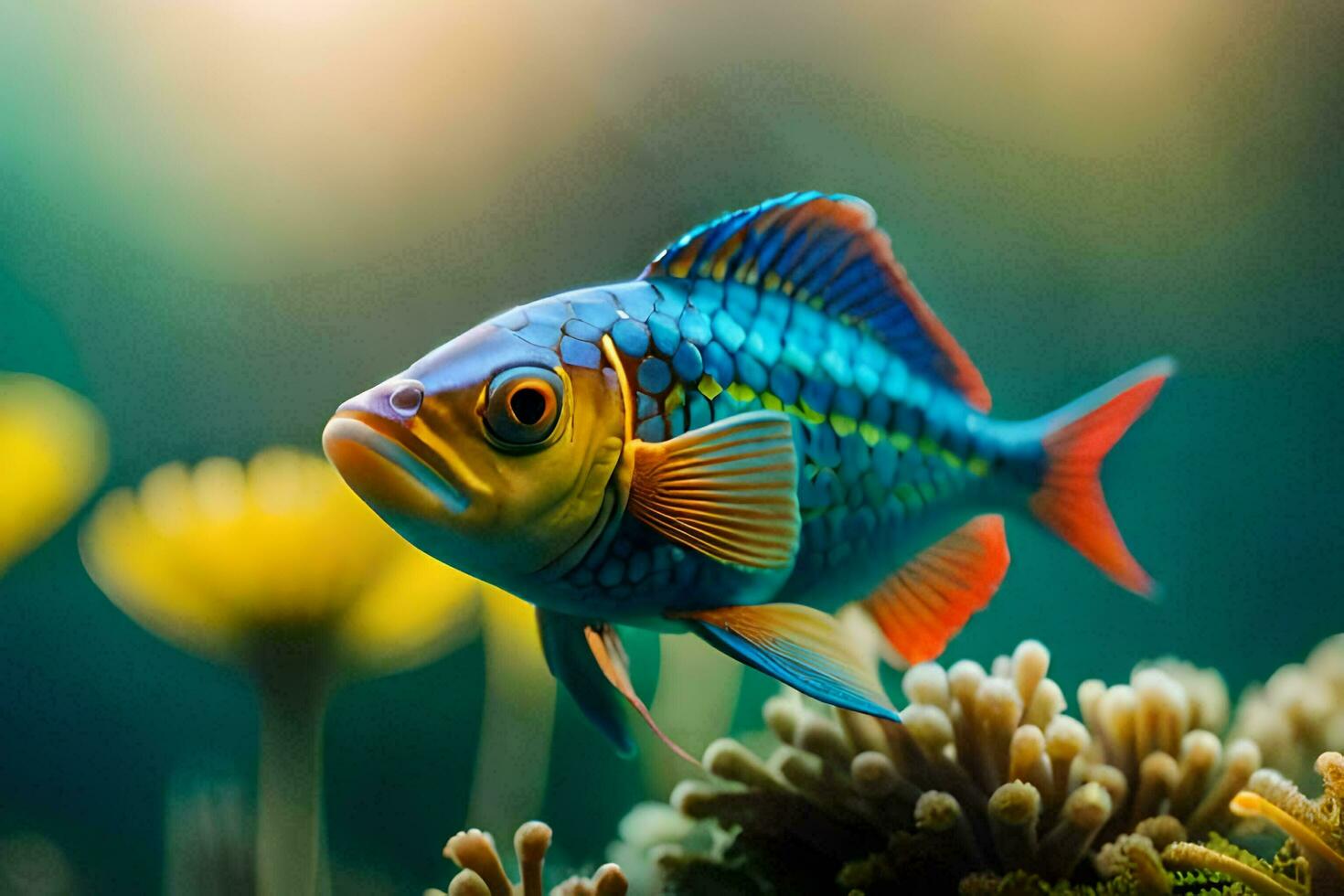 uma peixe com brilhante cores natação dentro a oceano. gerado por IA foto