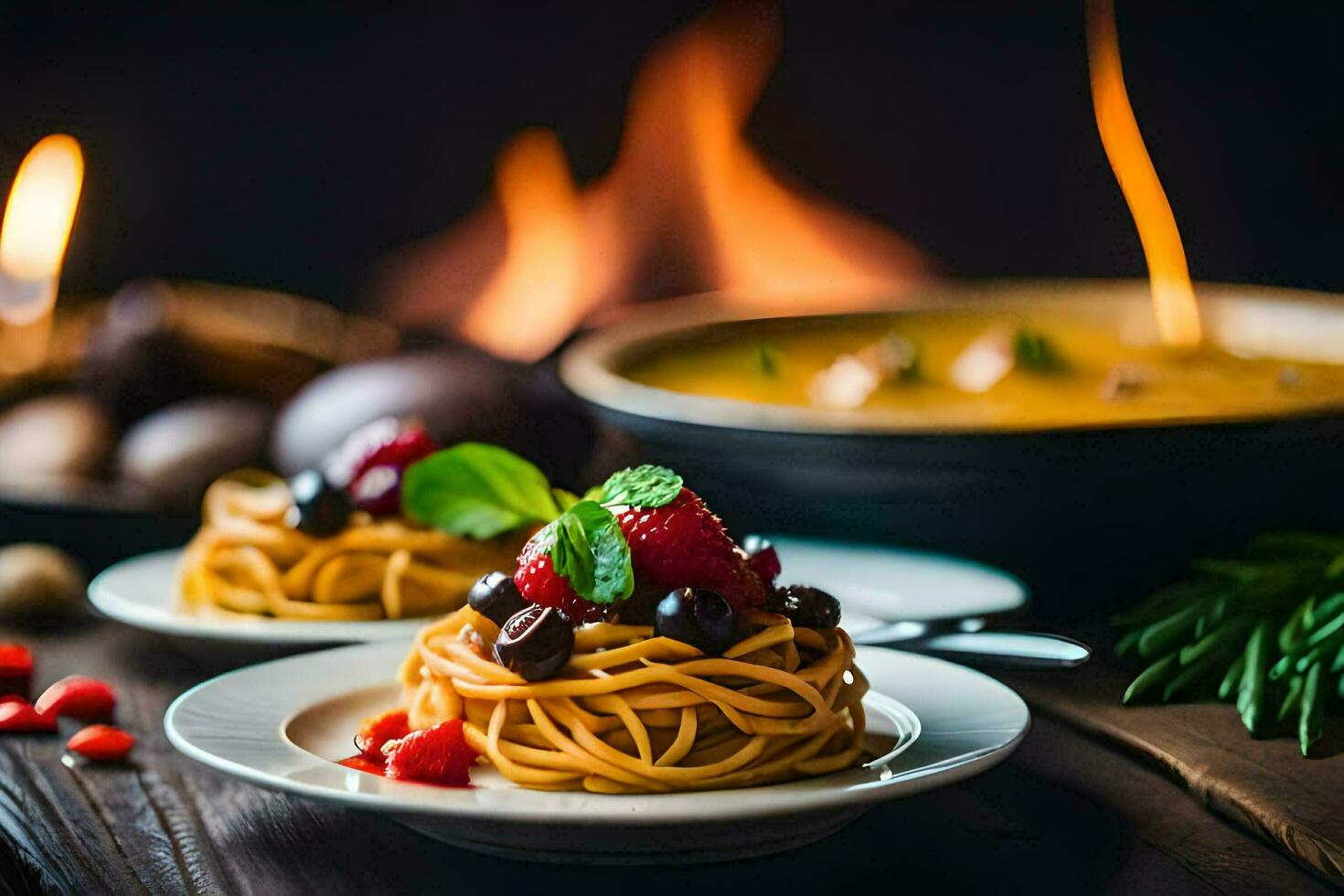 espaguete com legumes e ervas em uma placa. gerado por IA foto