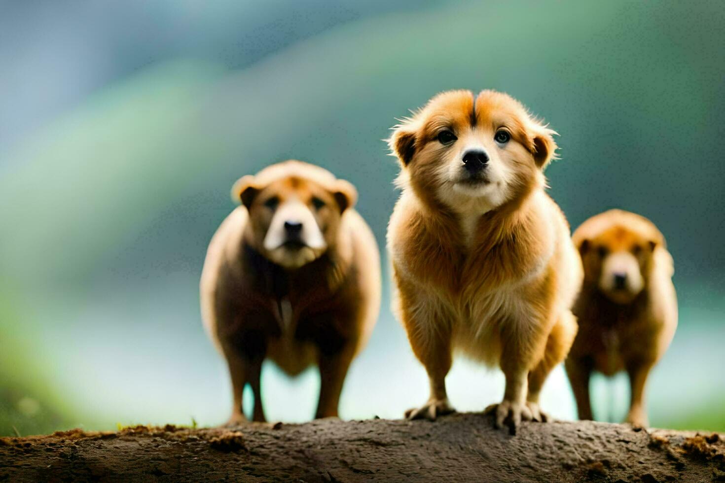 três cachorros em pé em topo do uma Rocha. gerado por IA foto