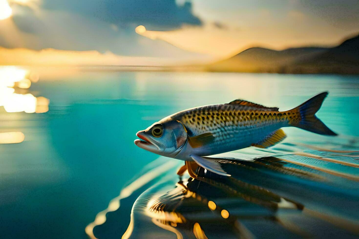 uma peixe é sentado em a Beira do uma corpo do água. gerado por IA foto