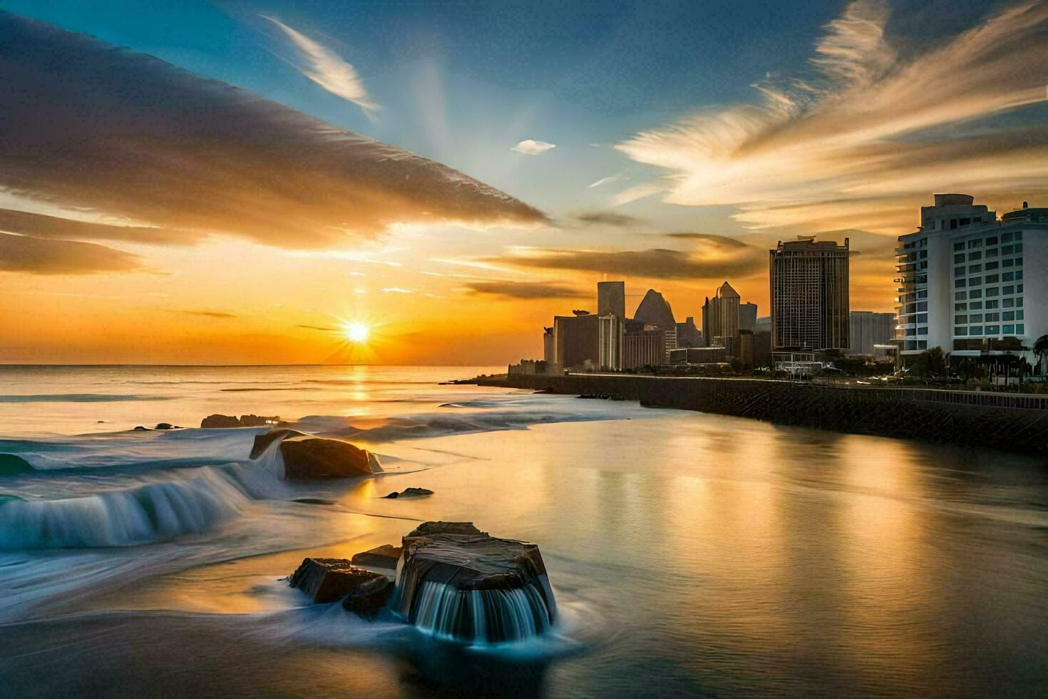 a Sol conjuntos sobre a cidade e a oceano. gerado por IA foto