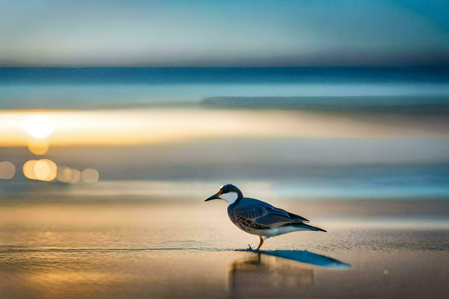 uma pássaro em pé em a de praia às pôr do sol. gerado por IA foto