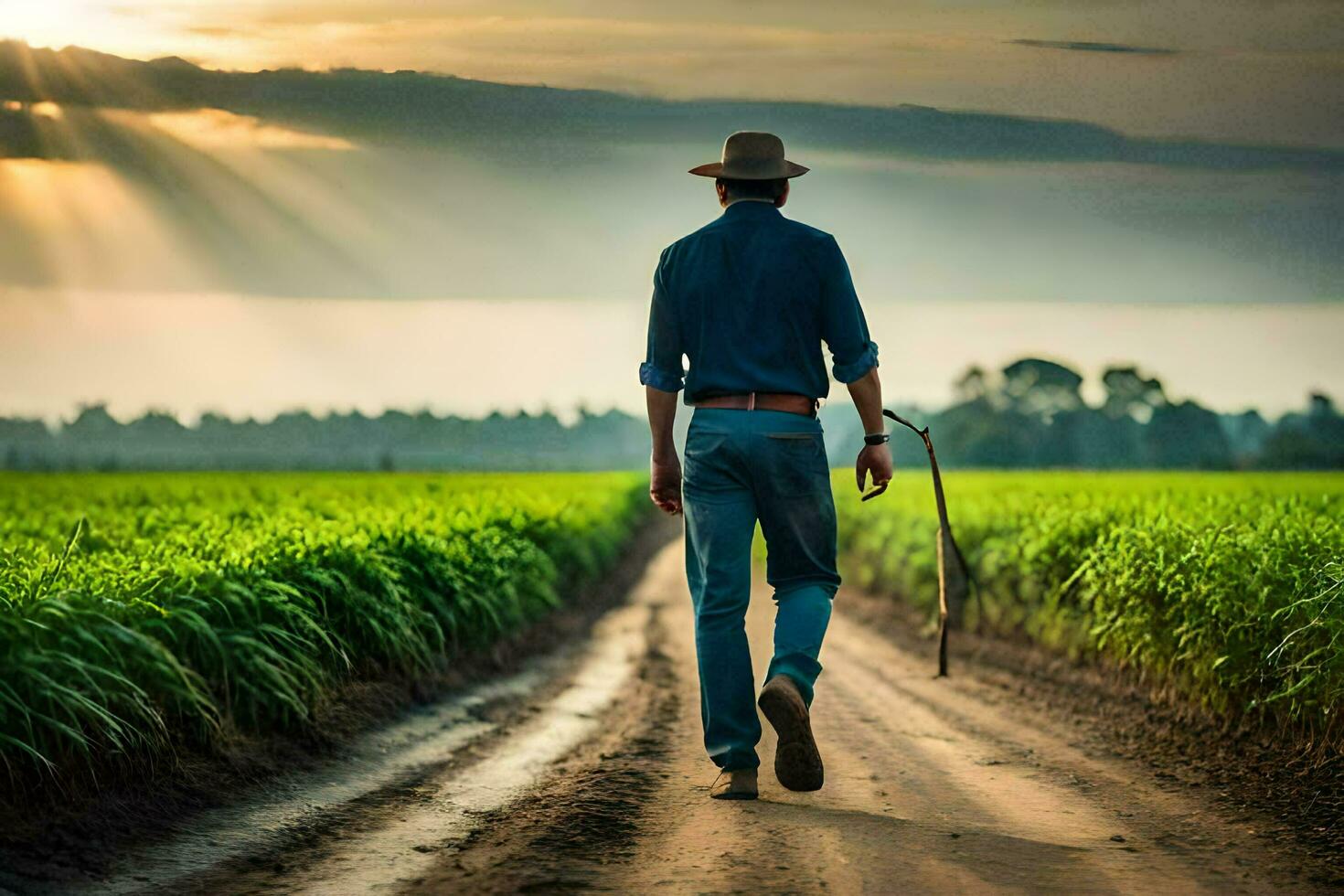 uma homem caminhando baixa uma sujeira estrada dentro uma campo. gerado por IA foto