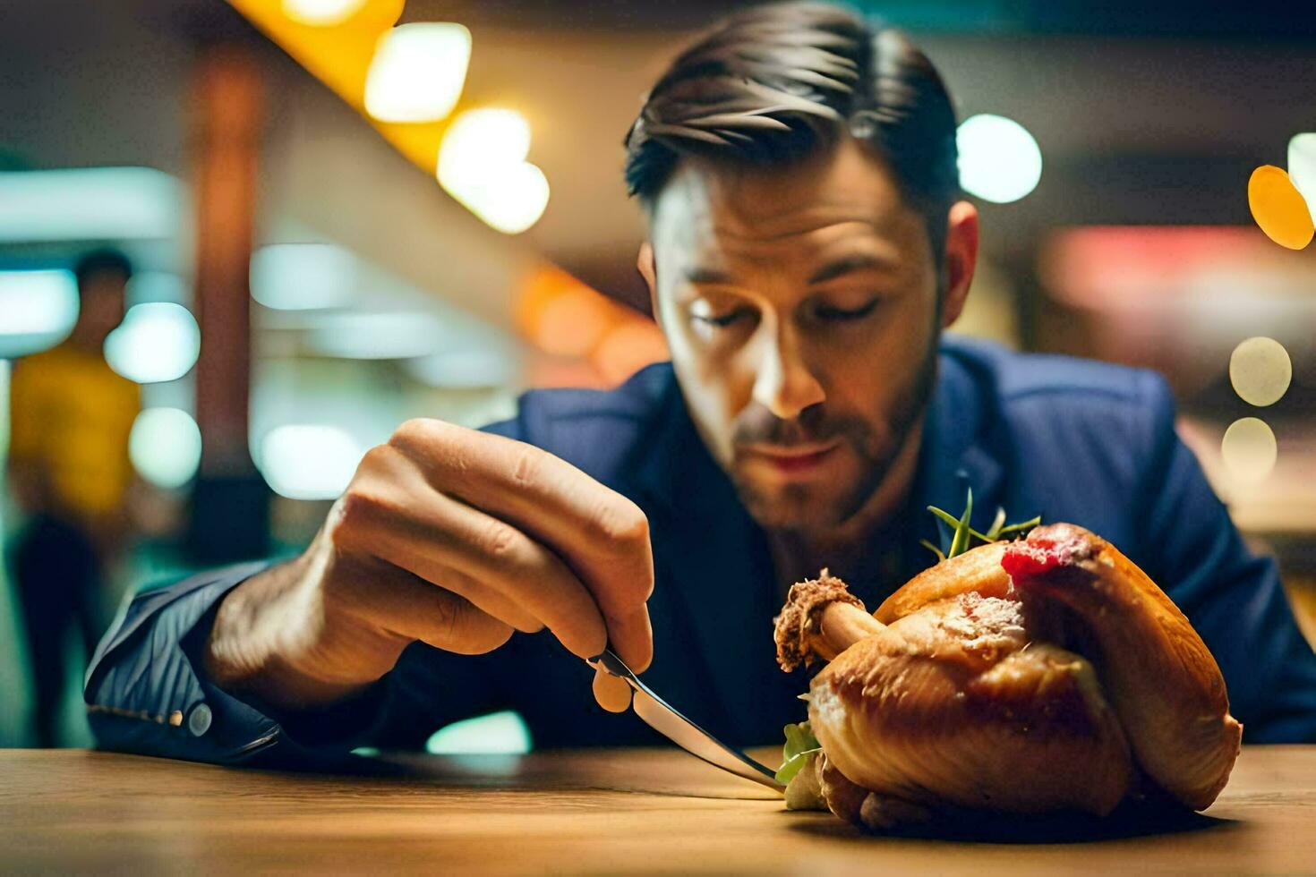 uma homem é corte uma frango em uma mesa. gerado por IA foto