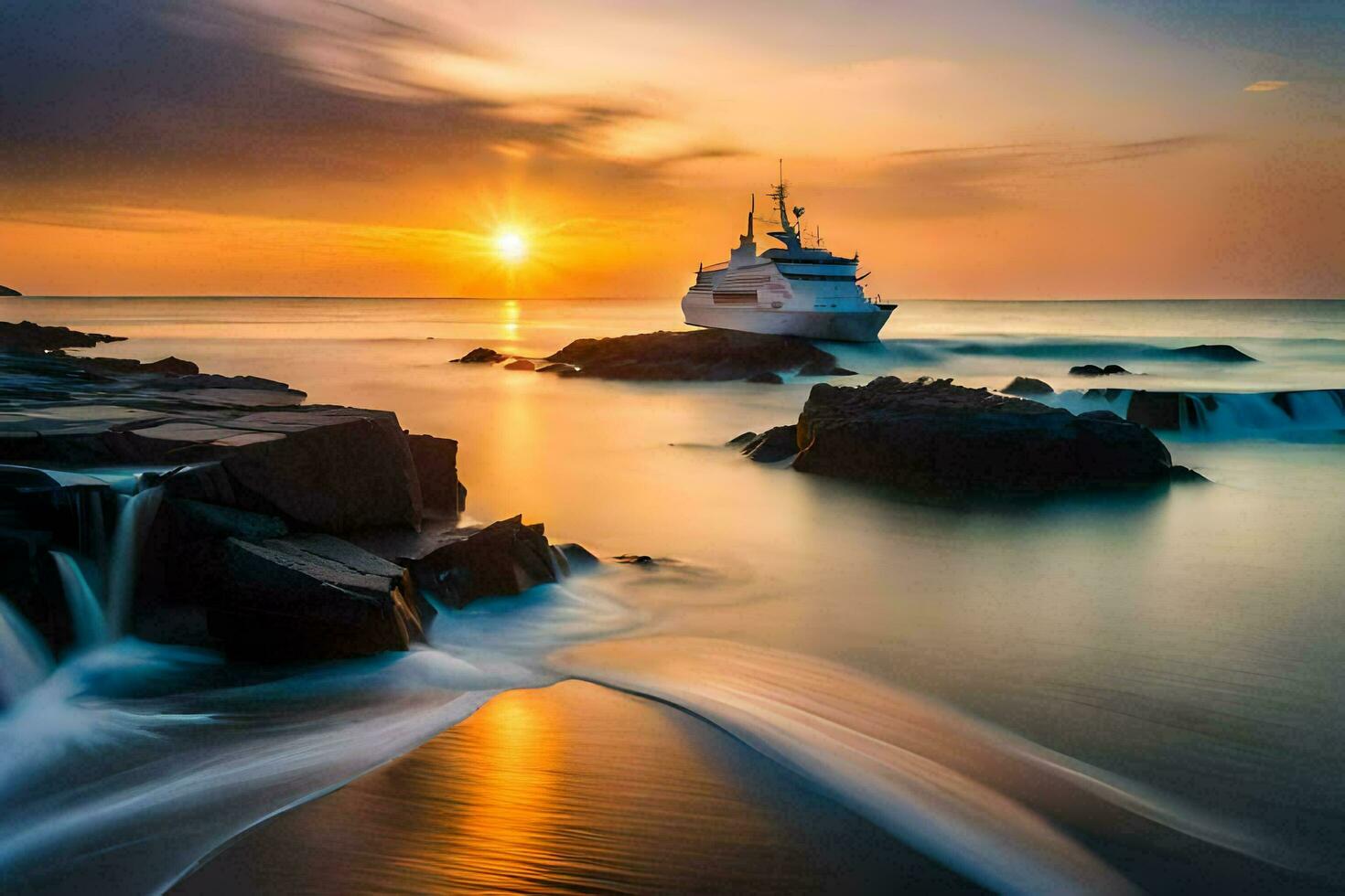 uma barco é Navegando dentro a oceano às pôr do sol. gerado por IA foto