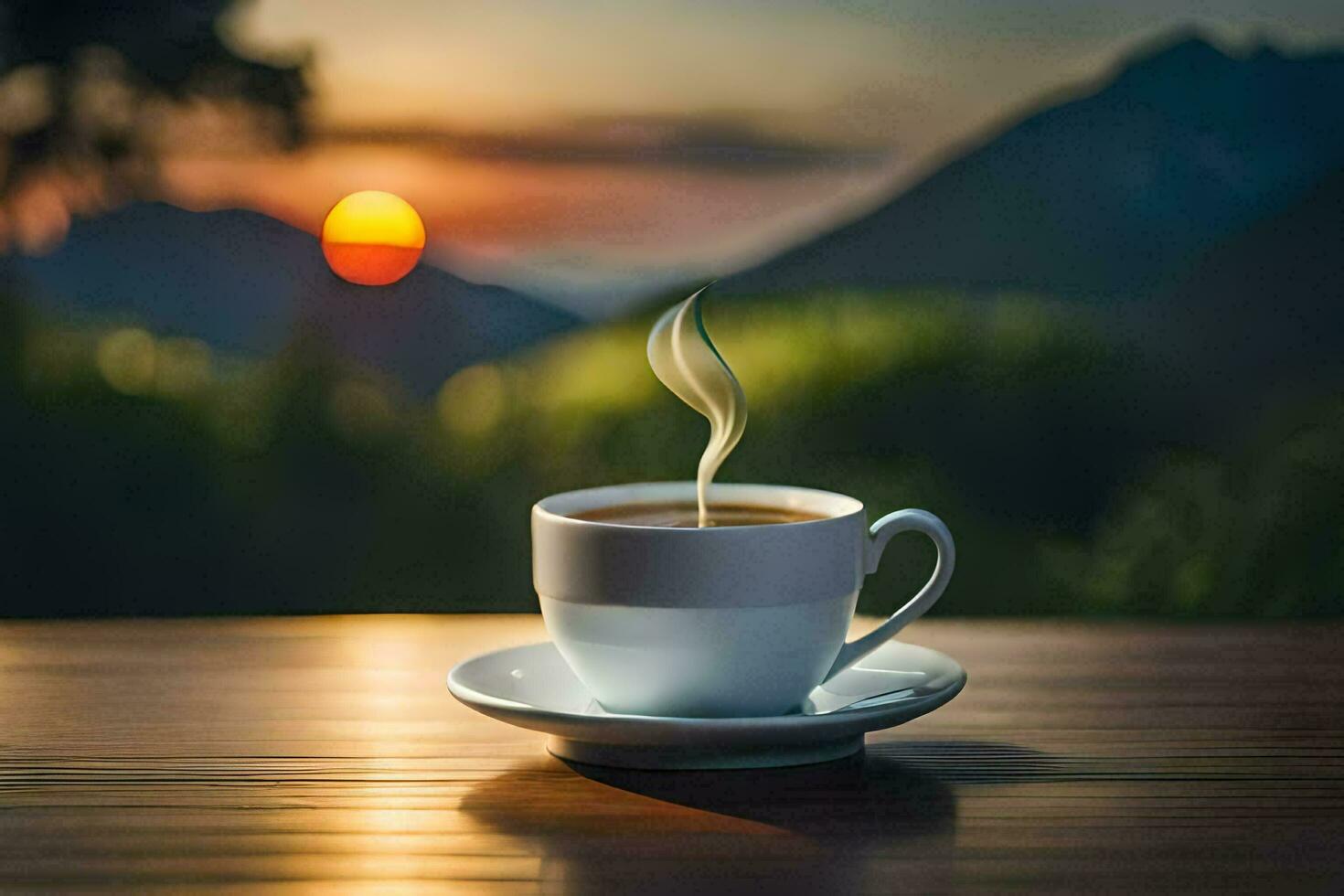 uma copo do café em uma mesa dentro a montanhas. gerado por IA foto