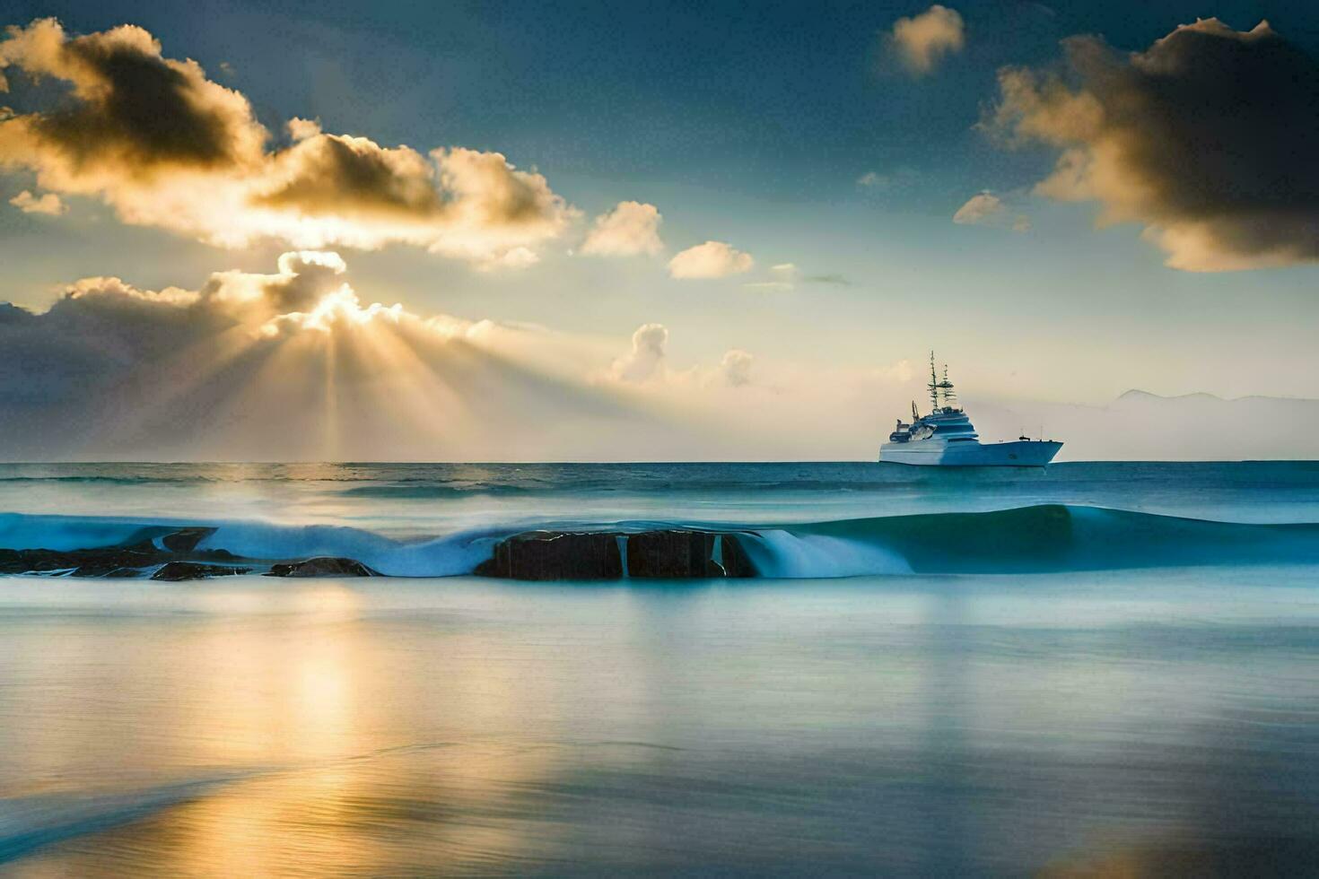 uma barco em a oceano às pôr do sol com a Sol brilhando através a nuvens. gerado por IA foto