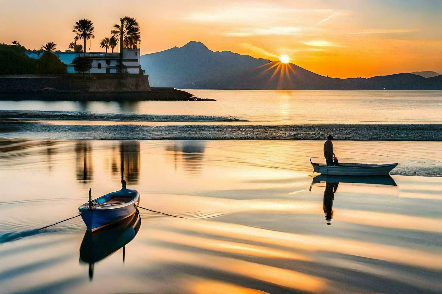 dois barcos dentro a água às pôr do sol com montanhas dentro a fundo. gerado por IA foto