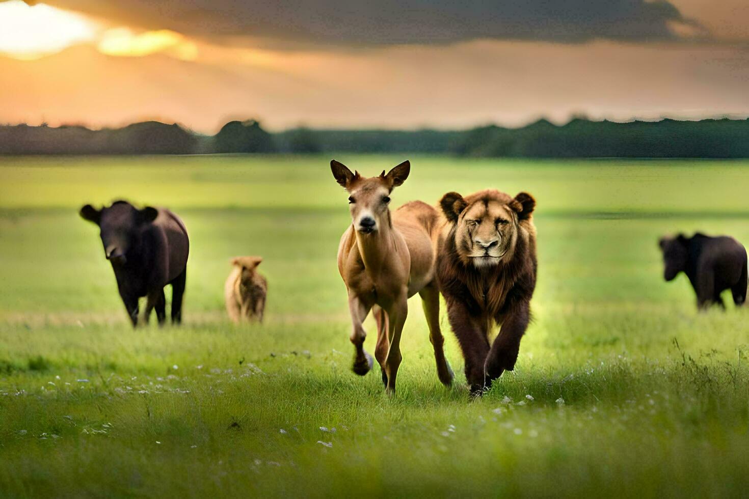 uma leão e uma veado andar dentro uma campo. gerado por IA foto