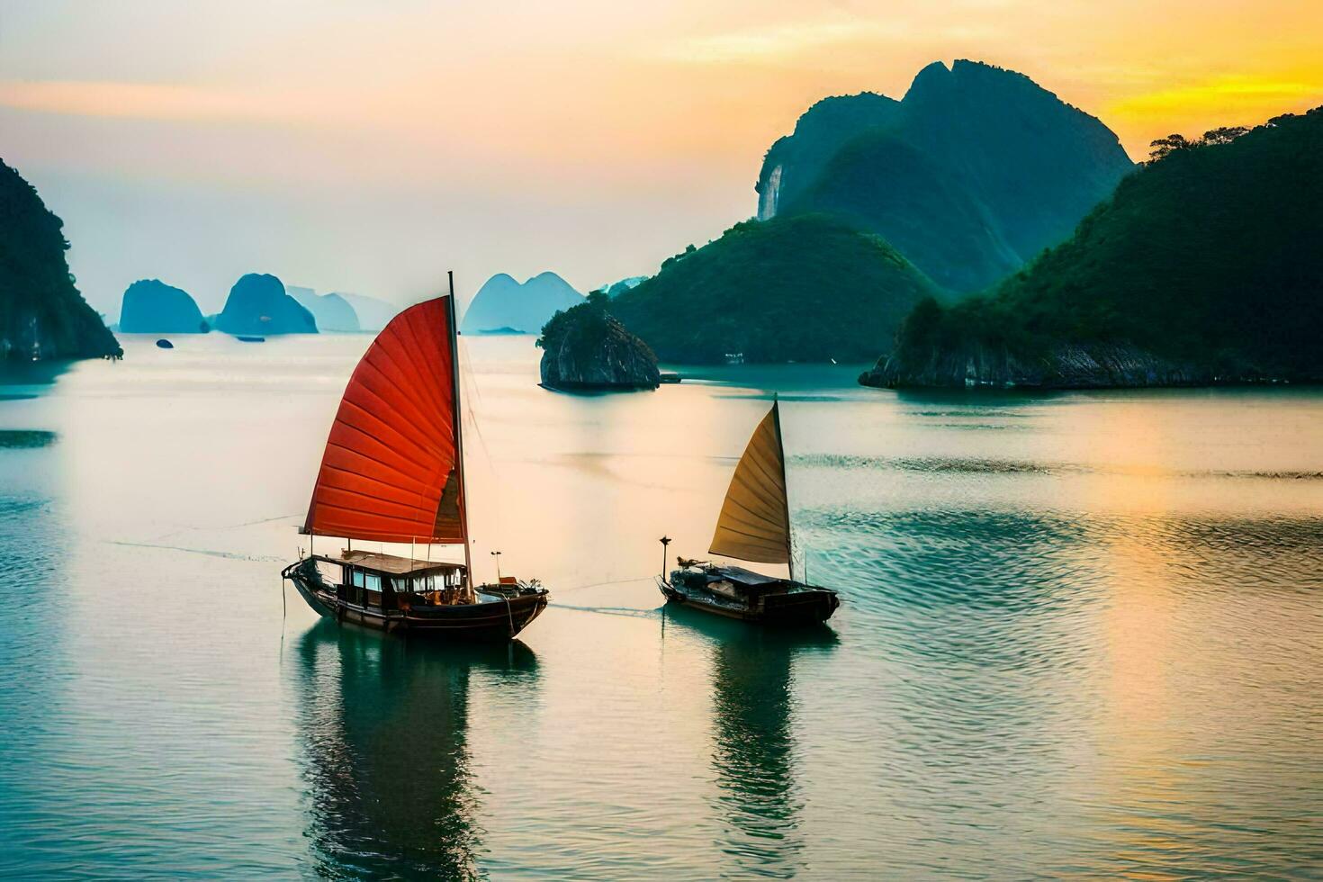 dois barcos flutuando dentro a água perto montanhas. gerado por IA foto