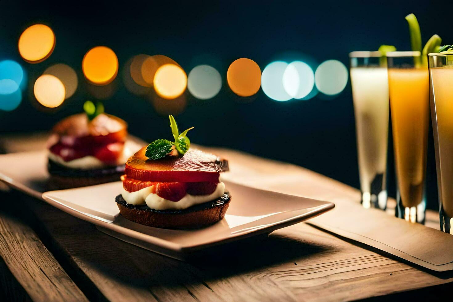 Comida e beber em uma de madeira mesa. gerado por IA foto