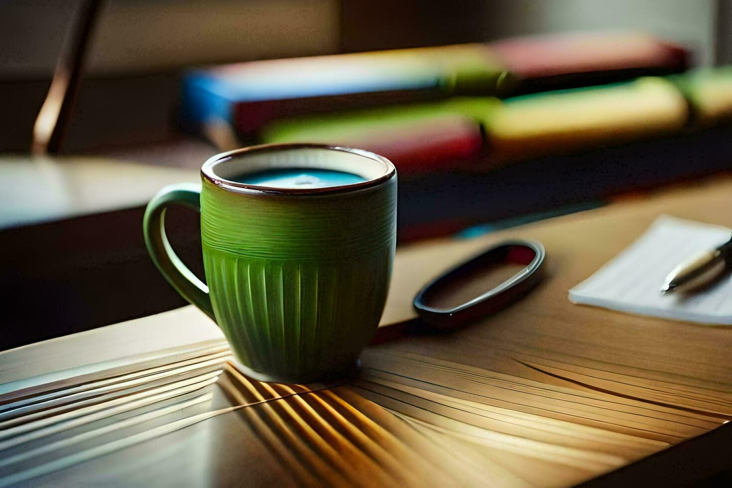 uma verde caneca com azul líquido sentado em uma mesa. gerado por IA foto