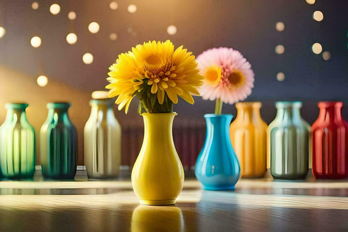 colorida vasos com flores dentro eles em uma mesa. gerado por IA foto