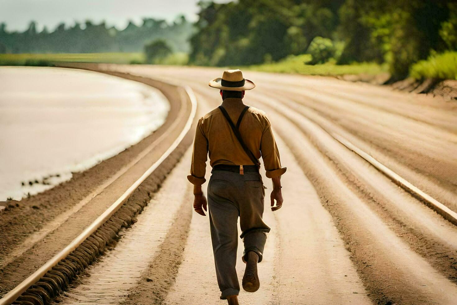 uma homem dentro uma chapéu e camisa caminhando baixa uma sujeira estrada. gerado por IA foto