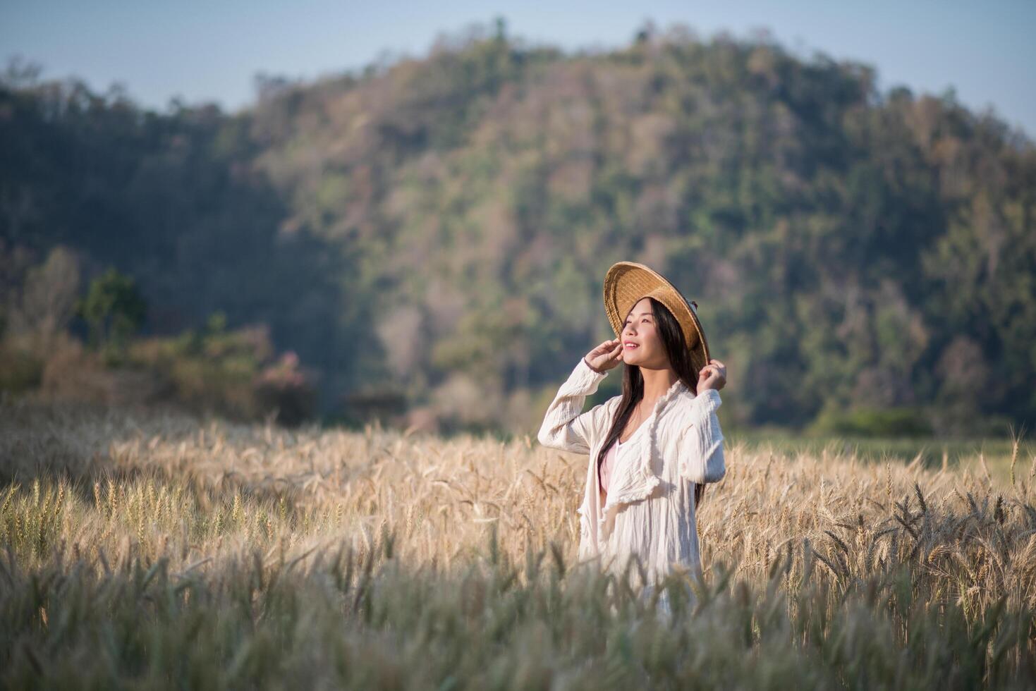 Agricultora vietnamita em campo de colheita de trigo foto