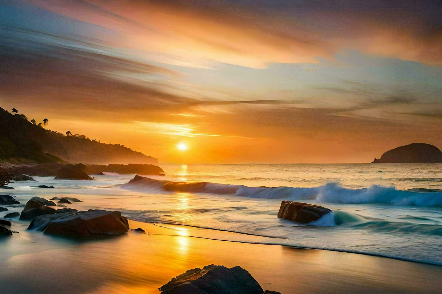 a Sol conjuntos sobre a oceano e pedras em a de praia. gerado por IA foto