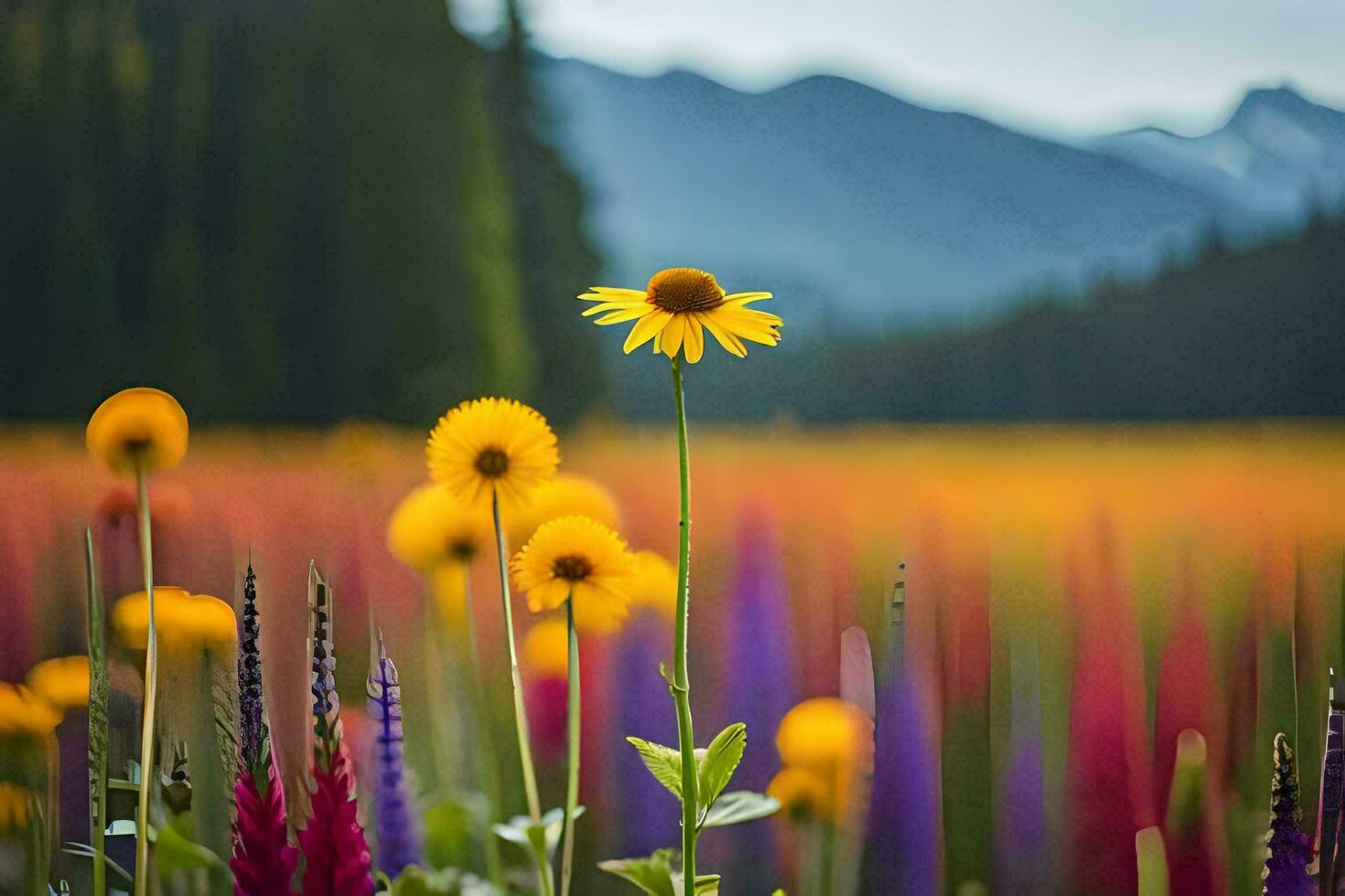 uma campo do flores silvestres com montanhas dentro a fundo. gerado por IA foto