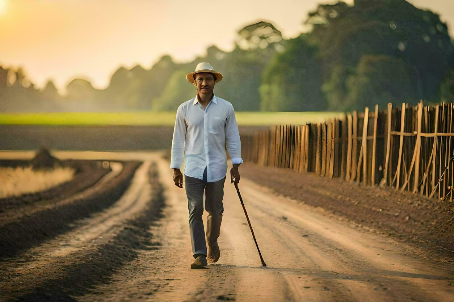 uma homem caminhando em uma sujeira estrada com uma bengala. gerado por IA foto