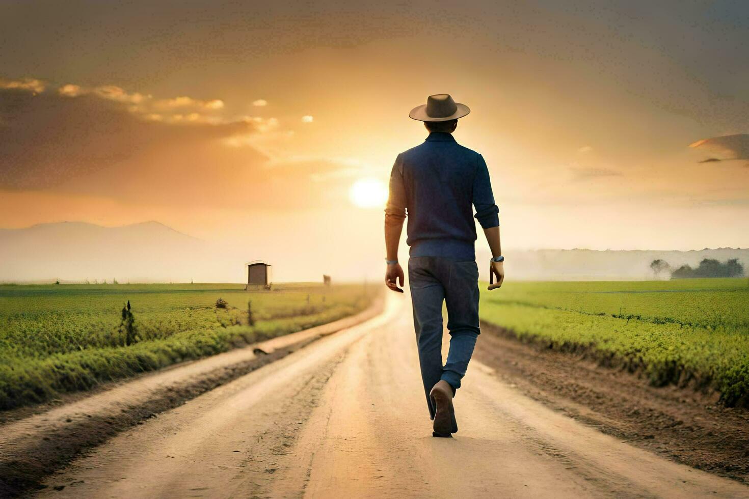 homem caminhando em uma estrada às pôr do sol. gerado por IA foto
