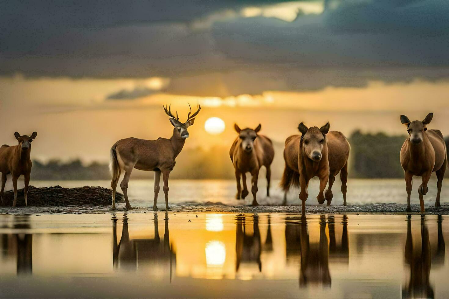 uma rebanho do veado ficar de pé dentro a água às pôr do sol. gerado por IA foto