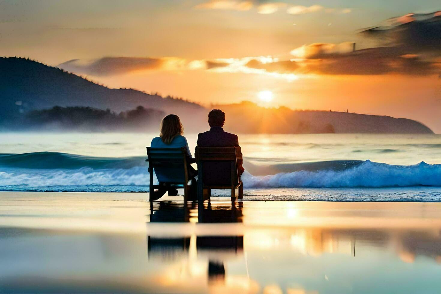 a casal é sentado em uma Banco em a de praia às pôr do sol. gerado por IA foto