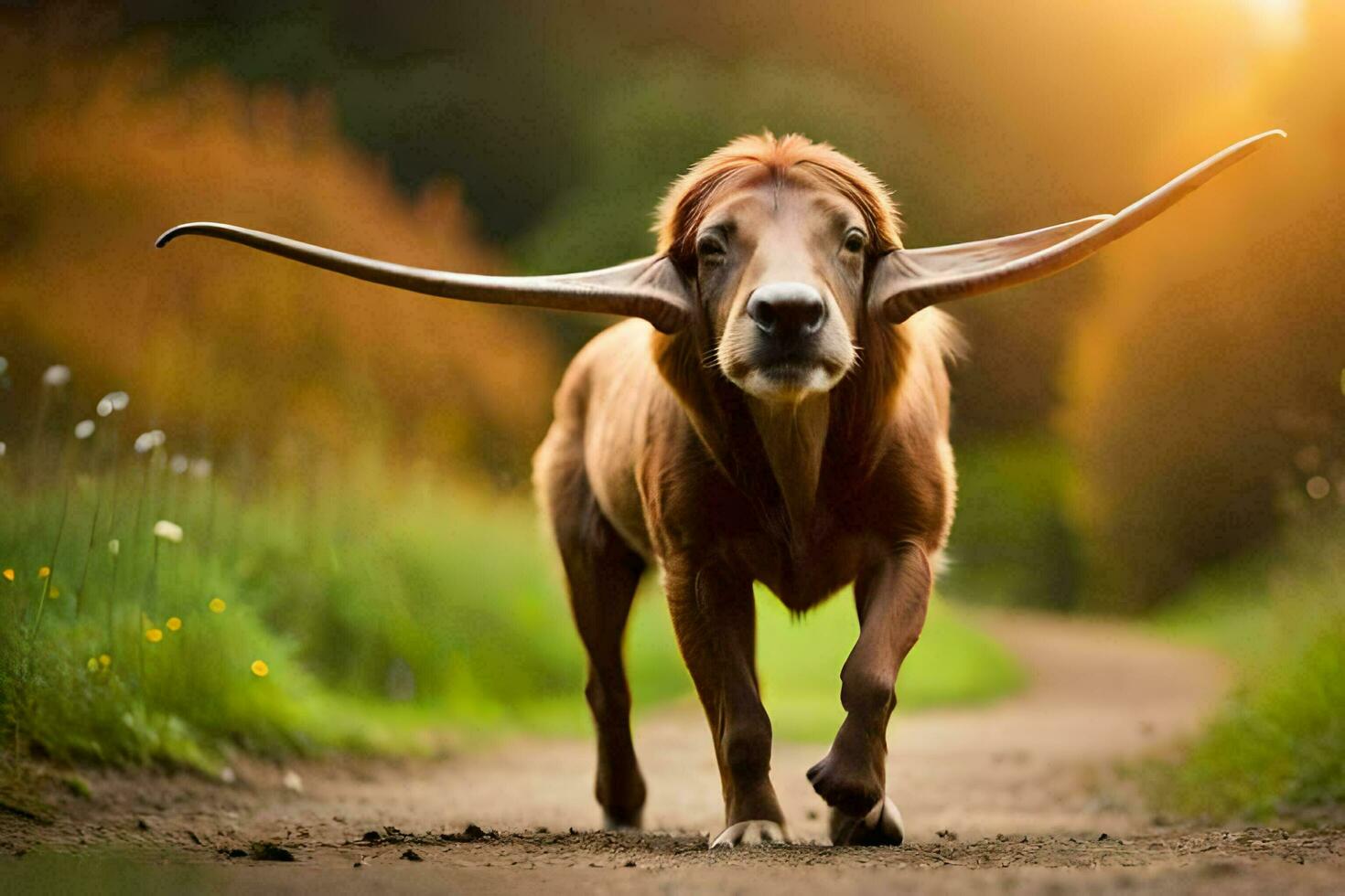 uma touro com grandes chifres caminhando baixa uma sujeira estrada. gerado por IA foto