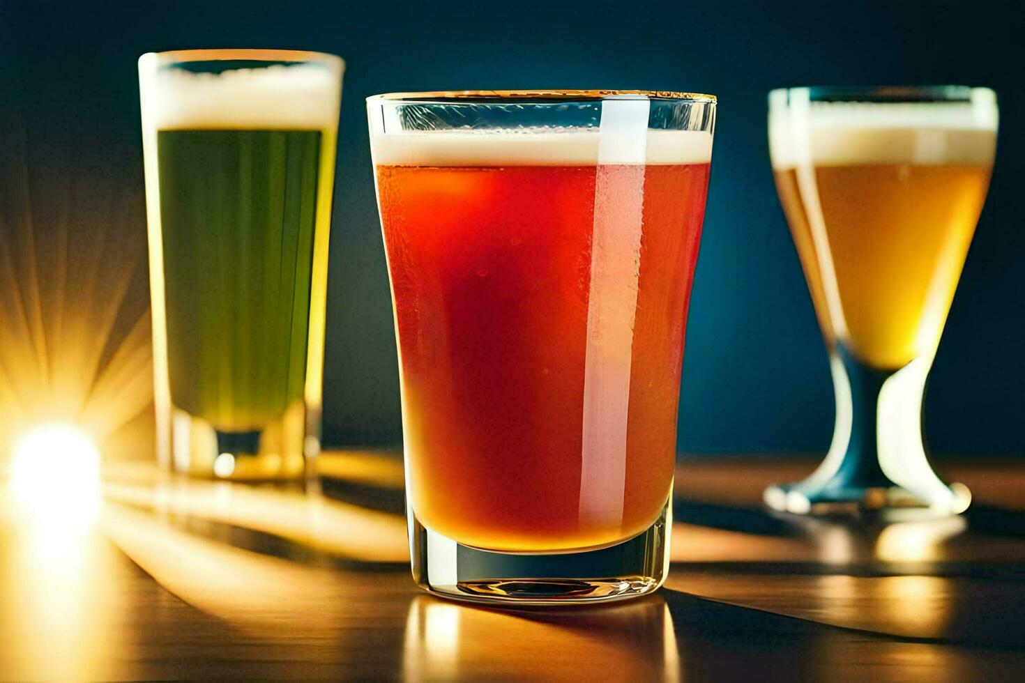 três diferente tipos do Cerveja estão mostrando em uma mesa. gerado por IA foto
