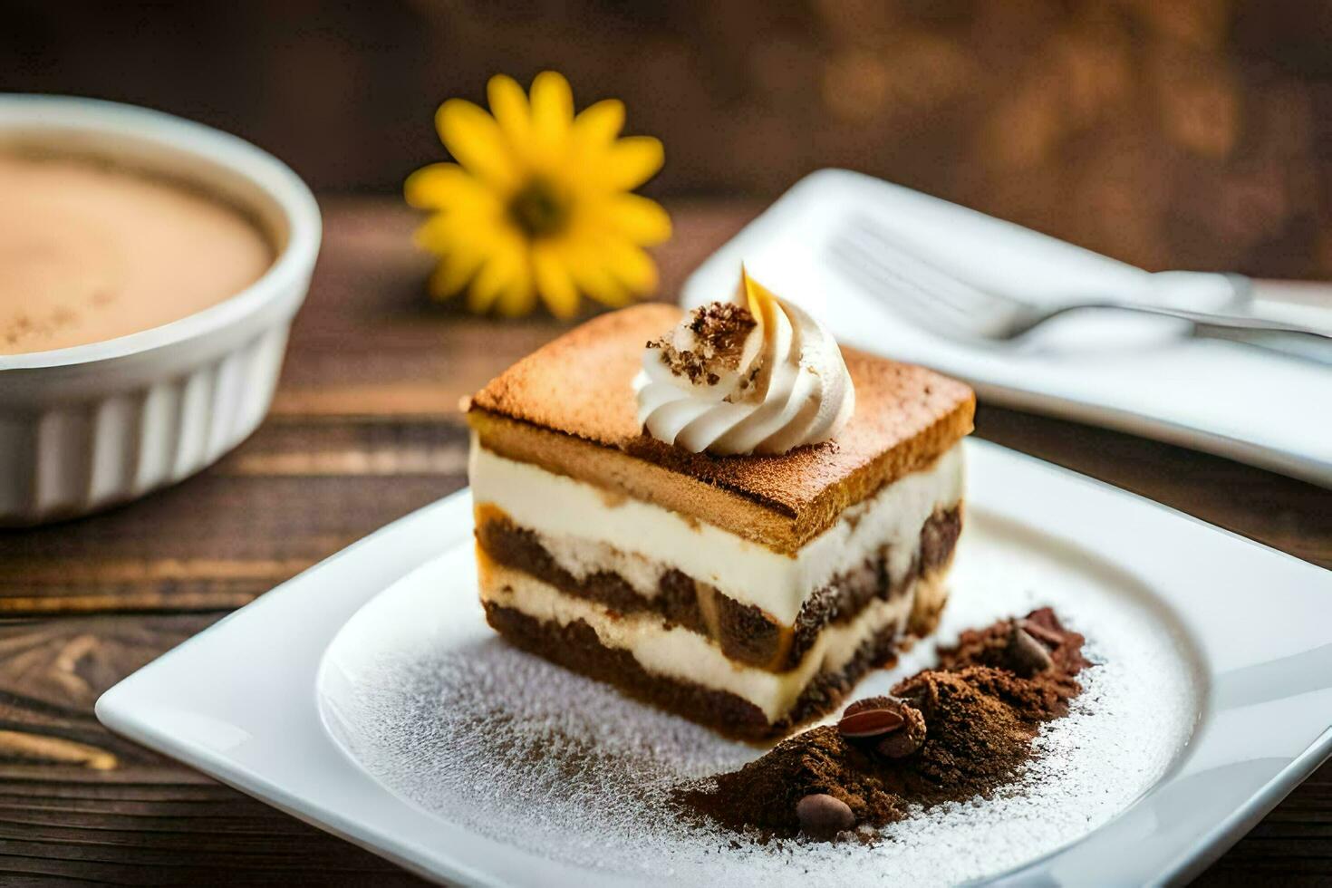 uma fatia do bolo em uma prato com café e uma copo do café. gerado por IA foto